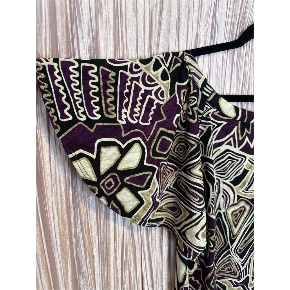 NIC&DOM Abstract Print Top Purple Black Cream Stretch Short Sleeve Blouse - Picture 6 of 7